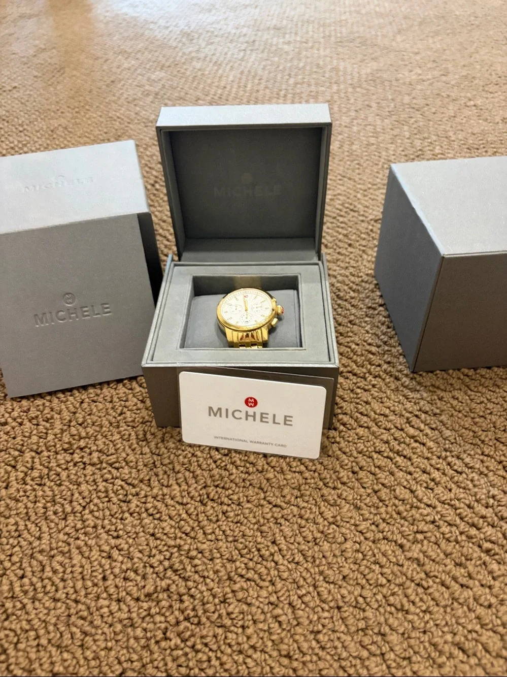 Michele Gold and White Chronograph Bracelet Watch with diamonds